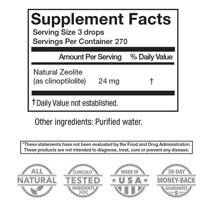 Supplement facts label with natural zeolite content and product guarantees on a white background
